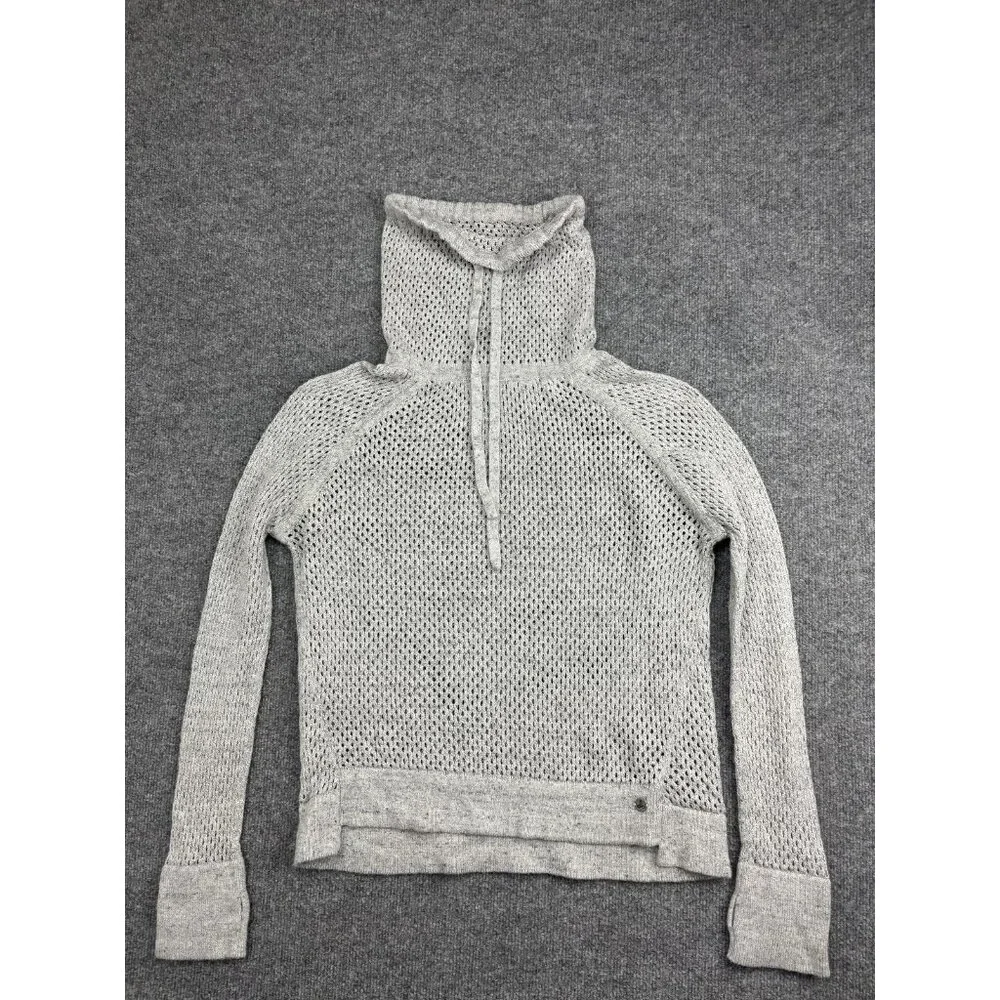 prAna Sweater Womens XL Gray Open Knit Mesh Cowl Neck Drawstring Raglan Pullover